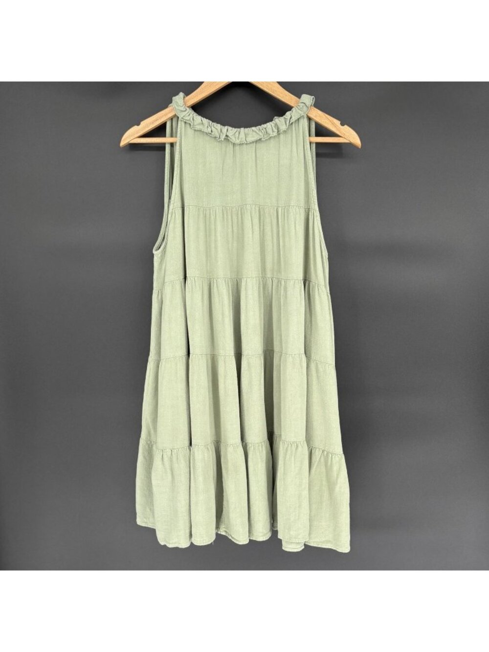 MABLE Women’s Tiered Mini Dress L Sage Green Bow Back Boho Cottagecore Prairie
